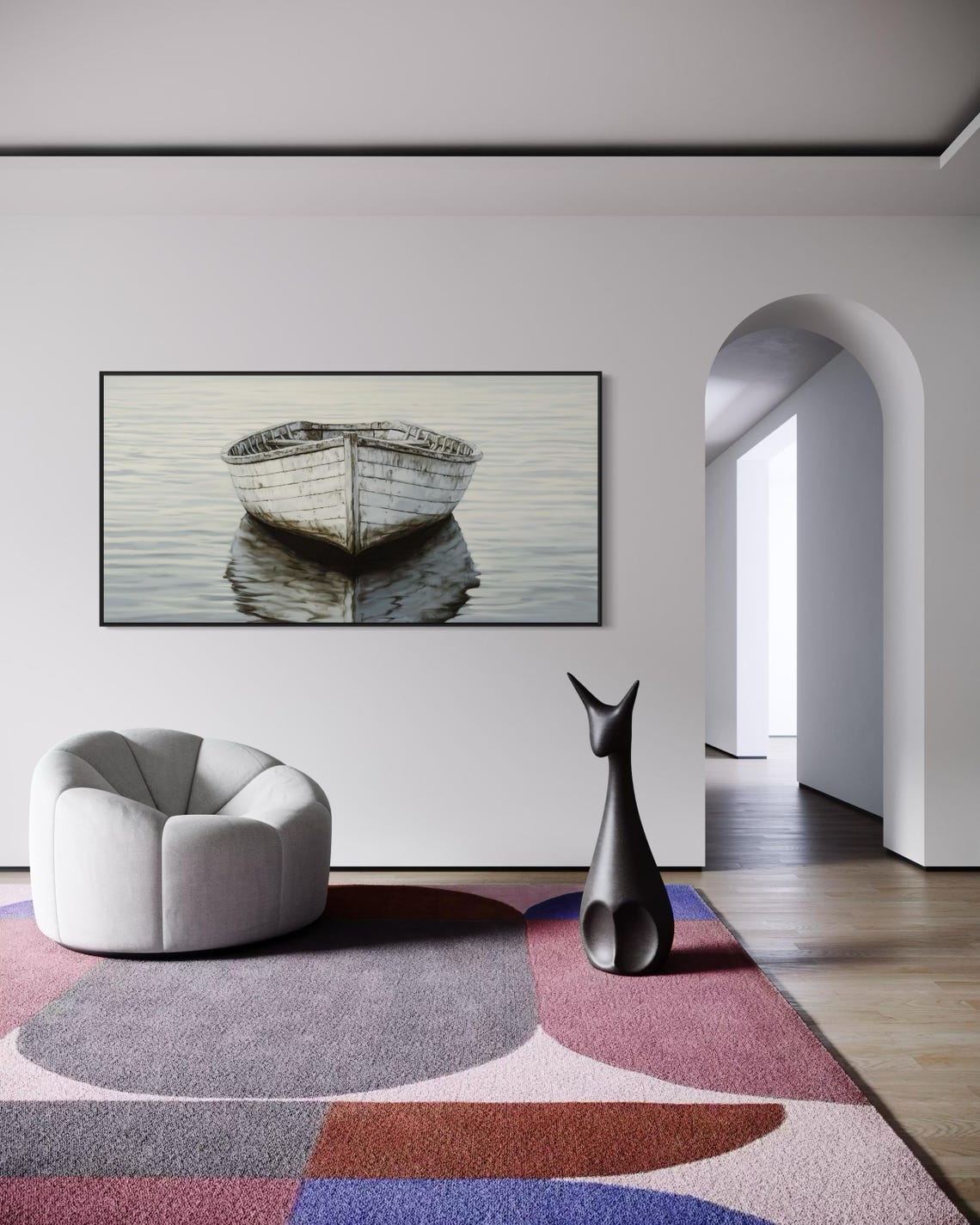 Rustic White Boat Art Panoramic Abstract Seascape Print For Above Couch And Bed Decor Perfect Maritime Statement Wall Art - Image 3