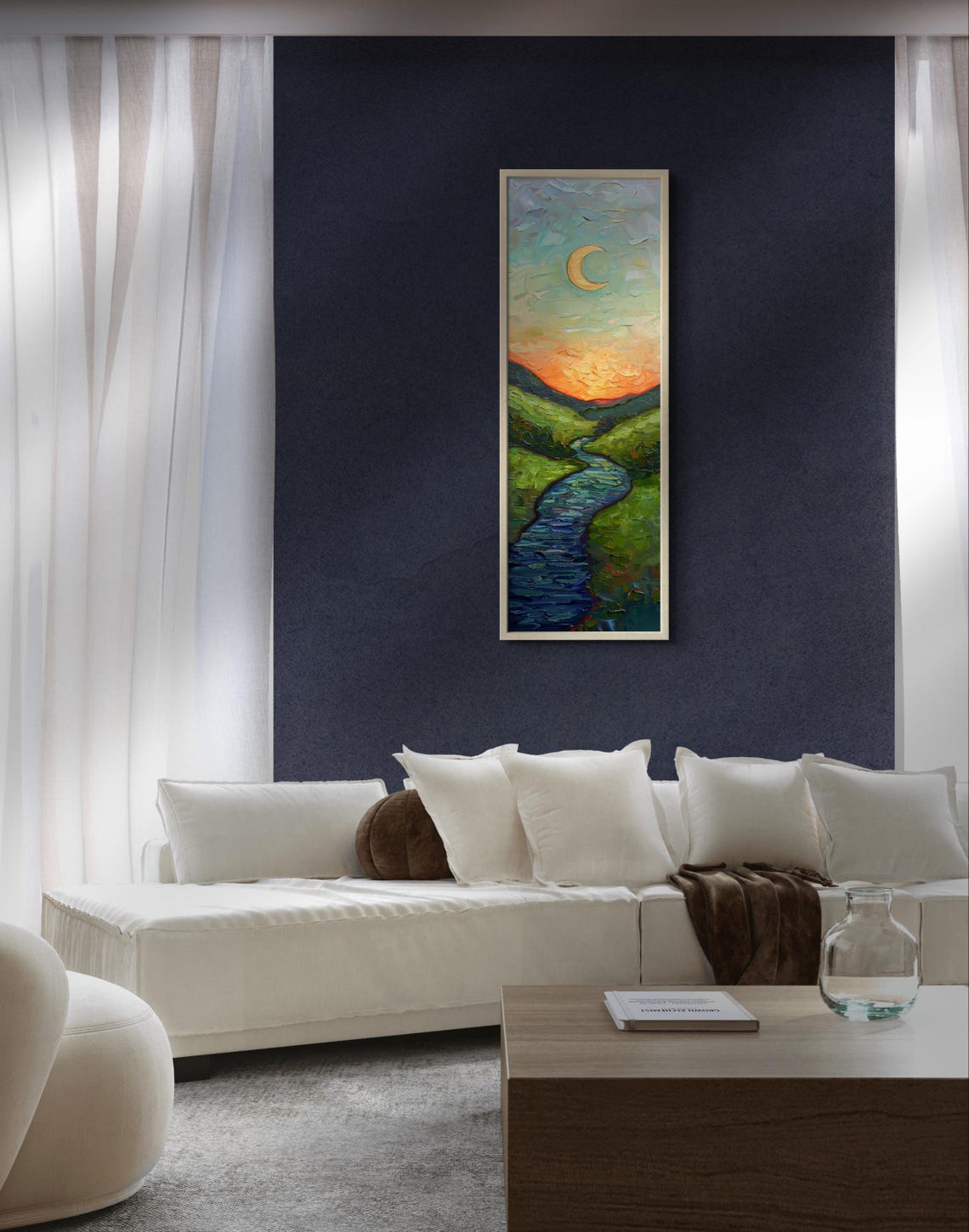 Dreamlike Moonlit River Tall Vertical Wall Art For Relaxing Narrow Wall Art Atmospheric Crescent Moon Night Landscape Print - Image 4