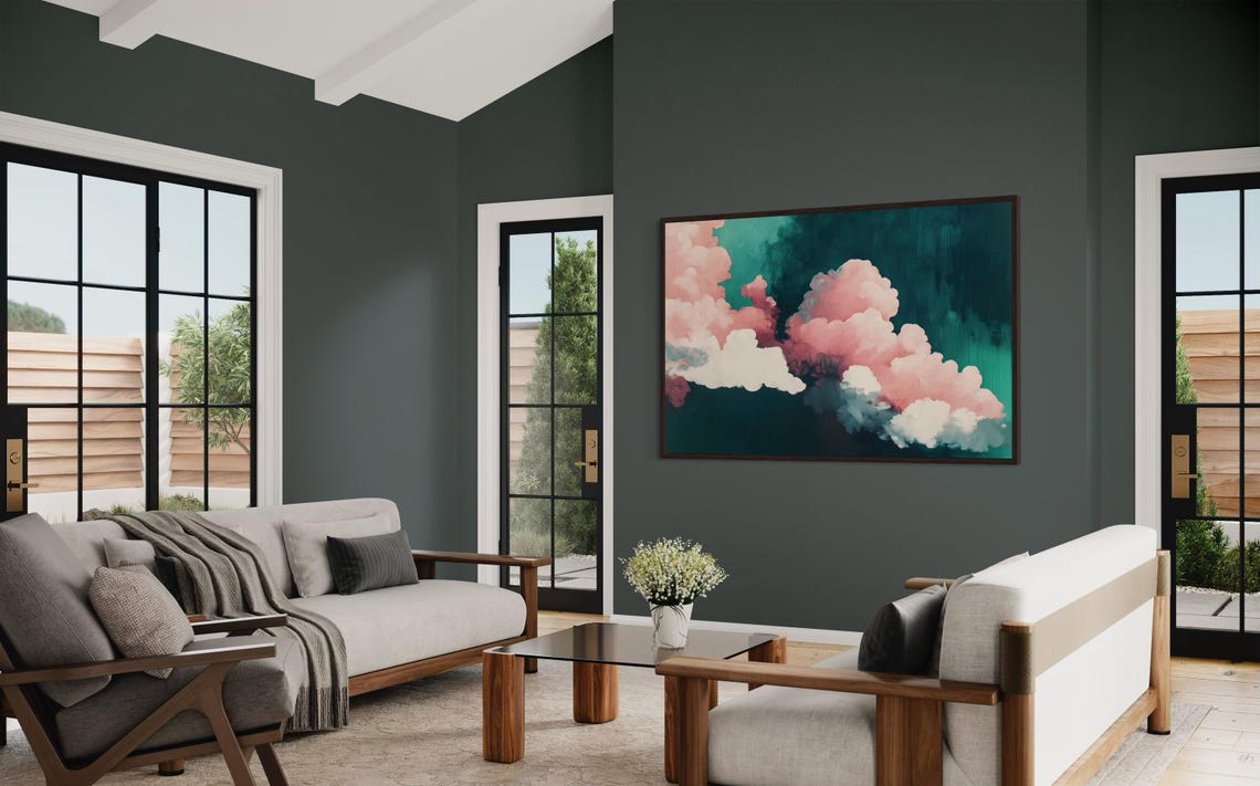 Pink White Clouds Teal Sky Dreamy Abstract Cloud Painting Wall Poster - Image 2