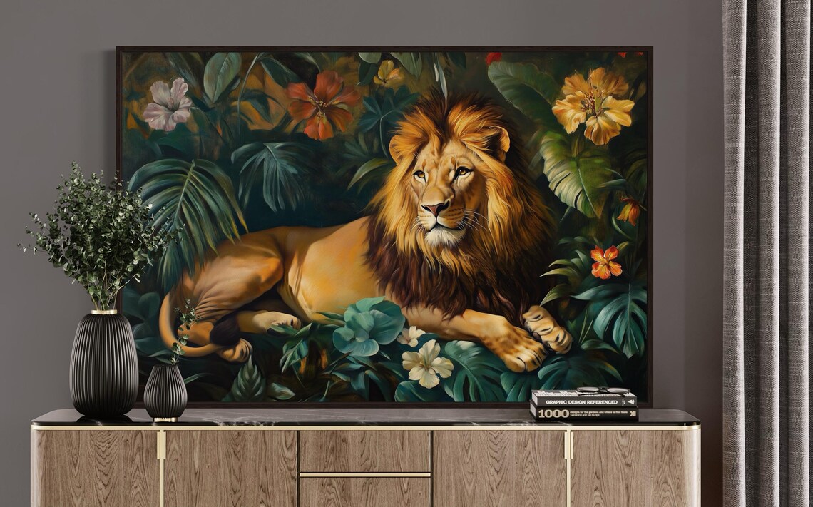 Majestic Lion Resting Tropical Jungle Foliage Hibiscus Flower Art Print - Image 3