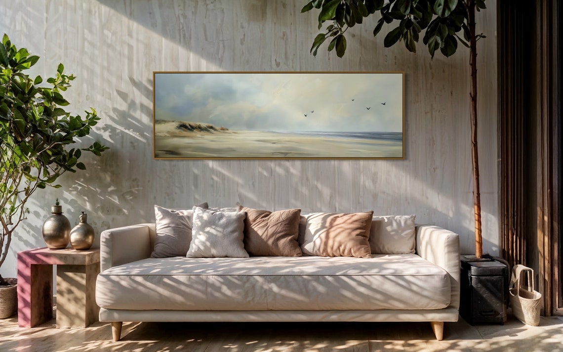 Serene Misty Beach Seascape With Seagulls Panoramic Wall Art Print - Image 5