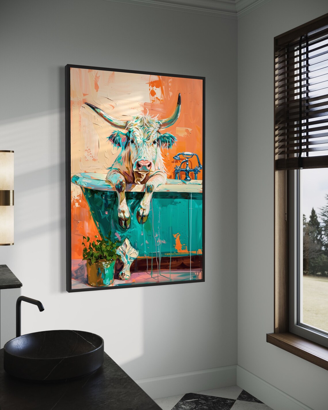 Whimsical Longhorn Cow Portrait, Bathroom Art Print - Image 4