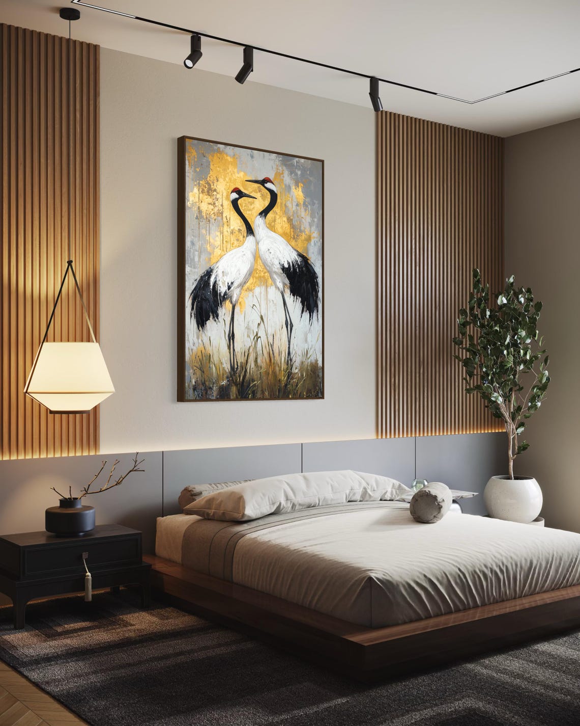 Red Crowned Cranes Gold Background Elegant Japanese Bird Art Poster - Image 2