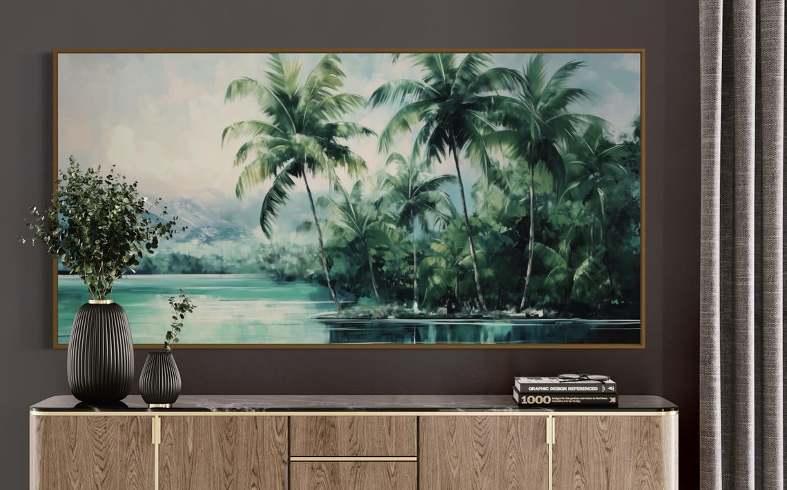 Tropical Lagoon Palm Trees Panoramic Teal Water Coastal Beach Poster - Image 2