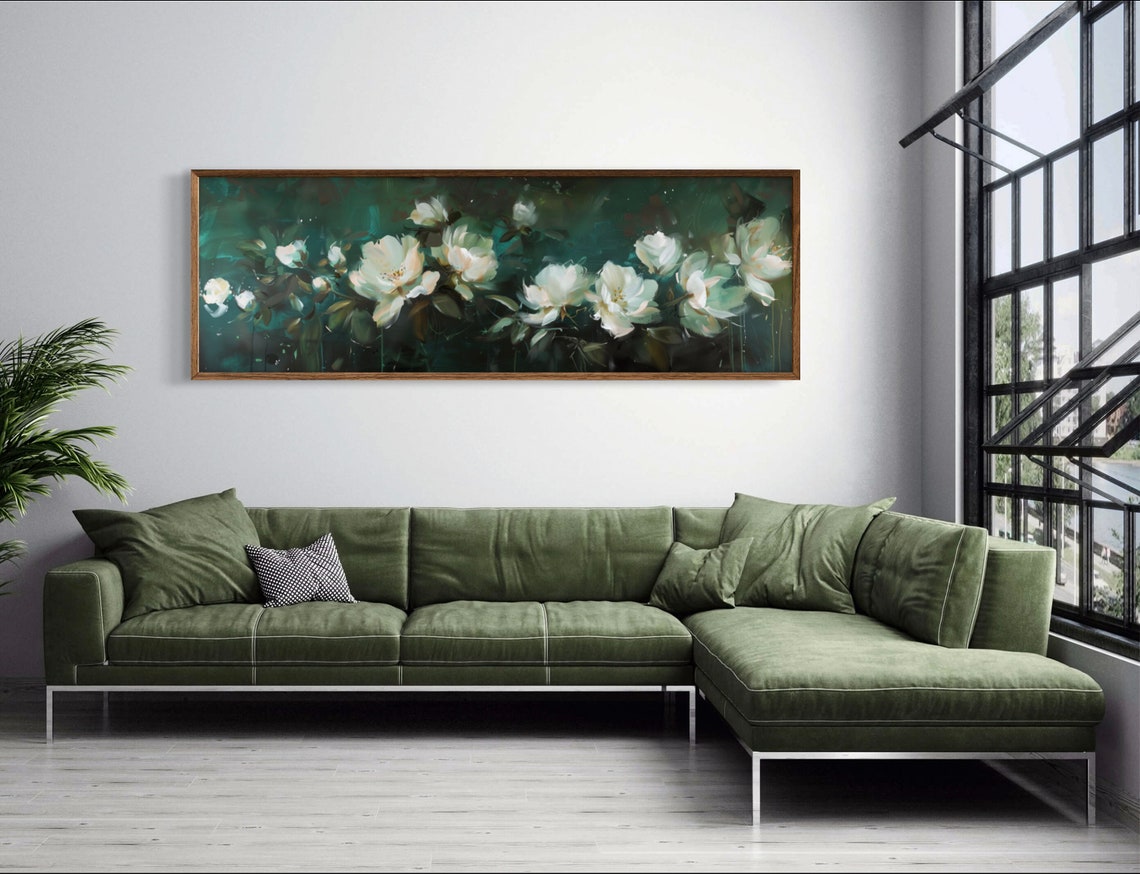 Moody White Magnolia Blossoms Dark Emerald Floral Panoramic Print - Image 3