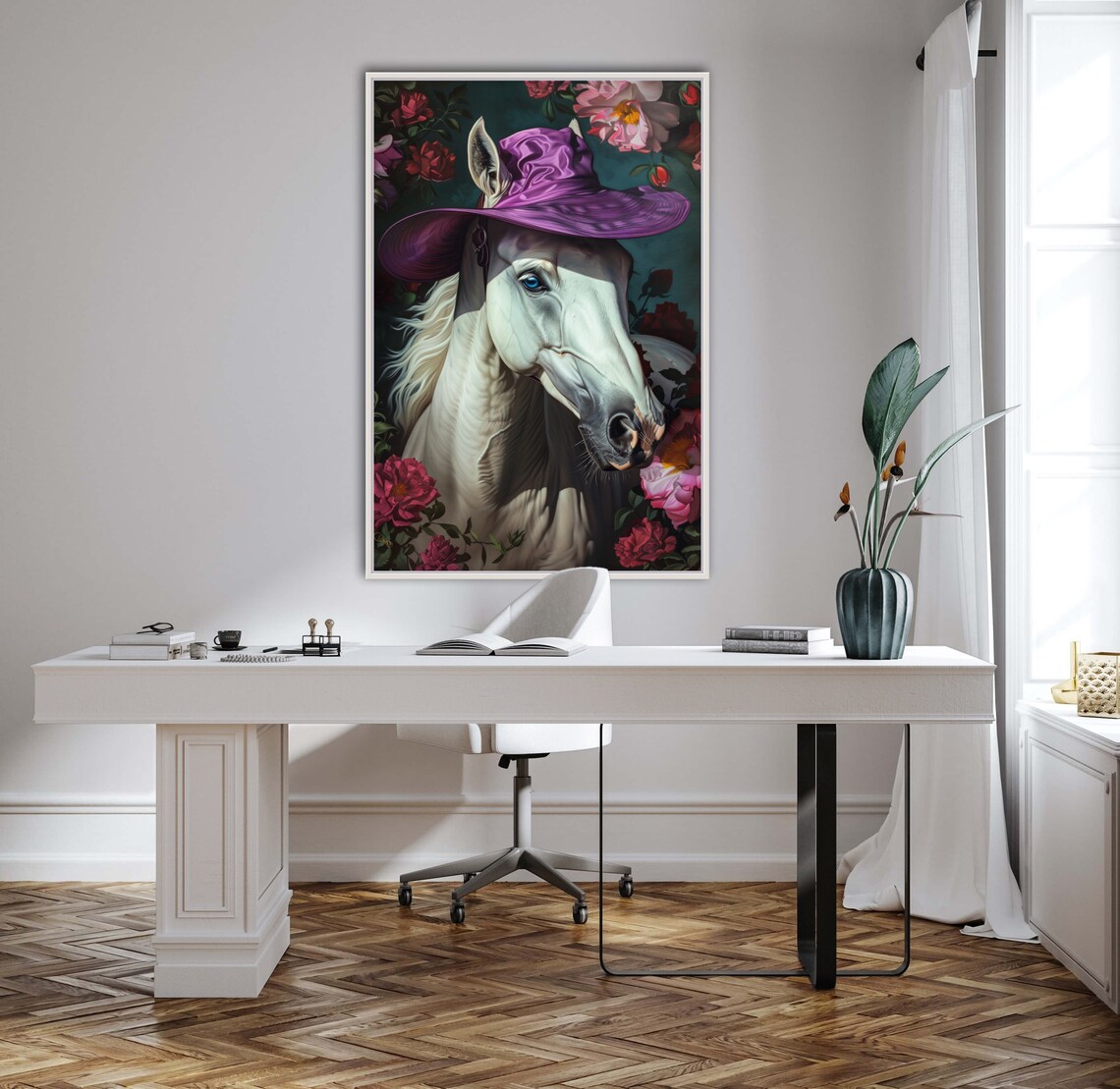 Regal White Horse Purple Hat Red Roses Equine Floral Art Poster - Image 3