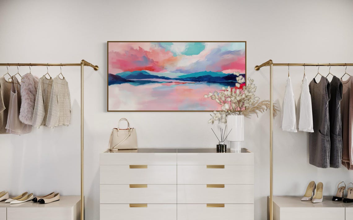 Elegant Bright Abstract Pink Blue Lake Landscape Panoramic Art Print - Image 3