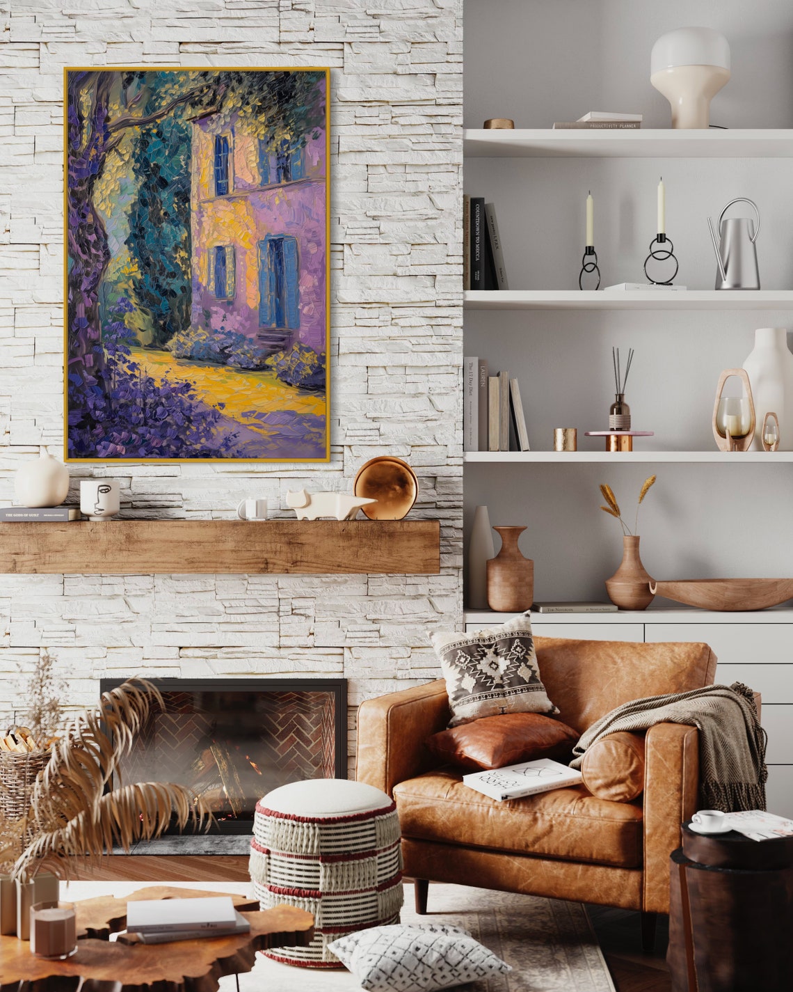 Purple Violet Country House Blue Shutters Impasto Village Art Poster - Image 3