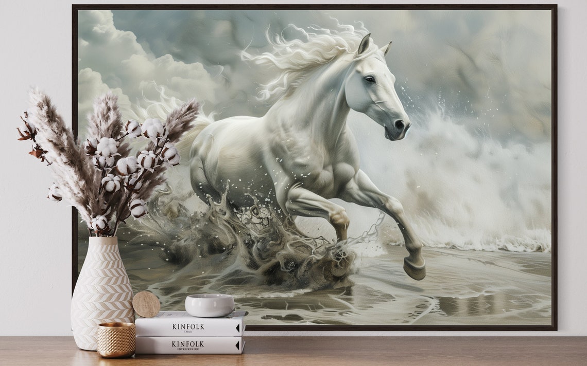 White Horse Galloping Through Ocean Waves Dramatic Sky Art Poster - Image 3