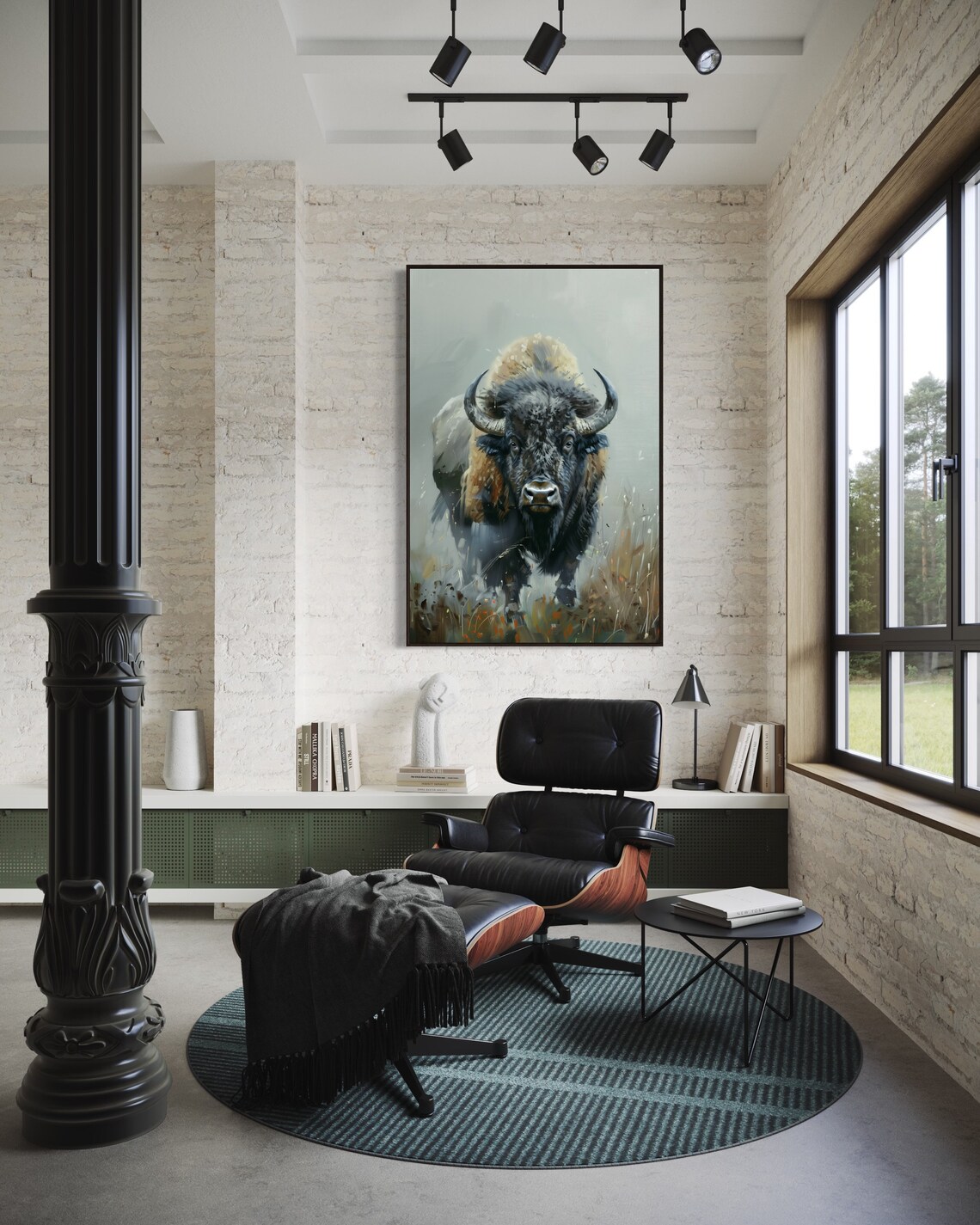 Bison Portrait Misty Grassland Realistic Buffalo Wildlife Art Print Wall Poster - Image 2