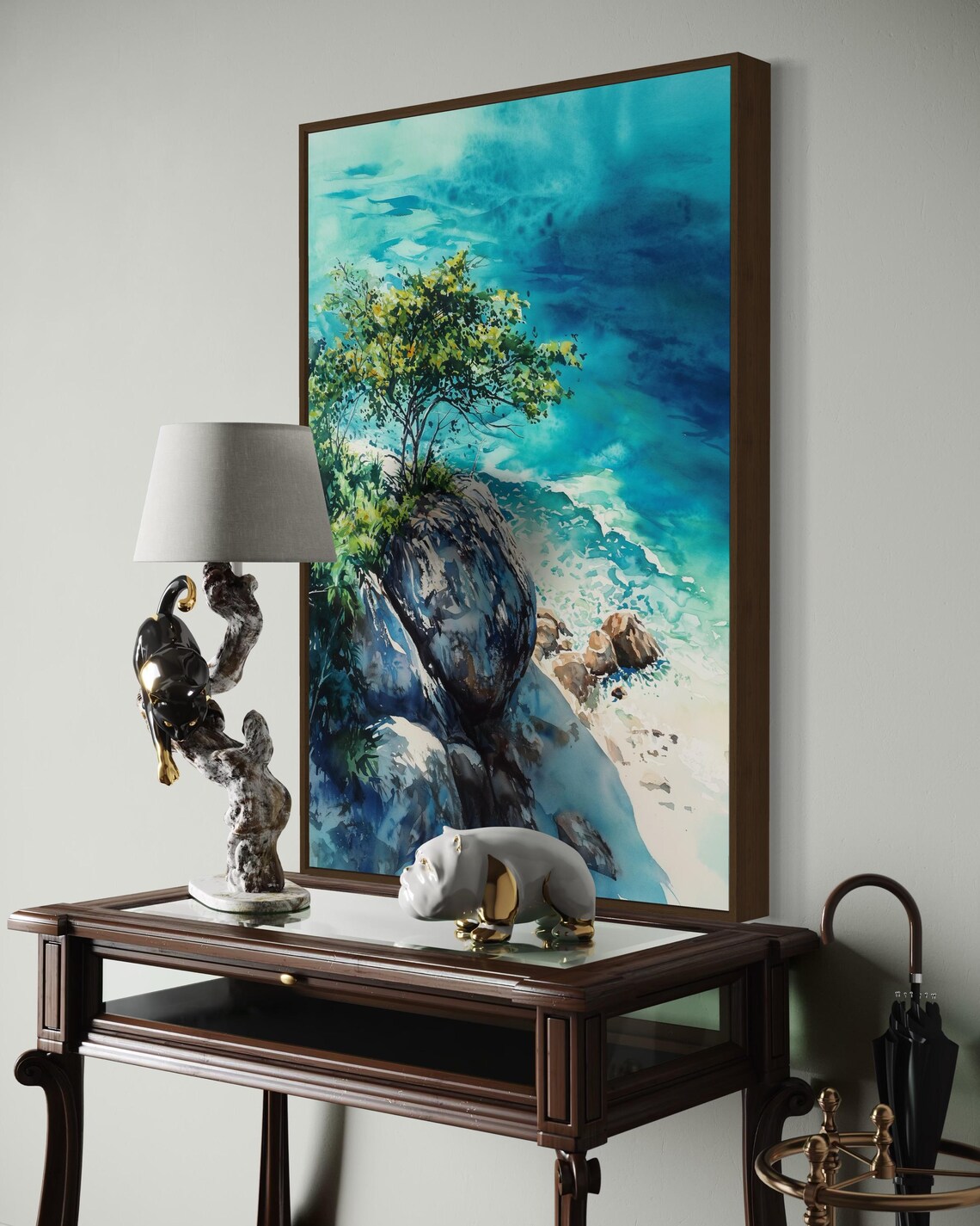 Coastal Watercolor Ocean Cliff Landscape, Beach Decor - Image 4
