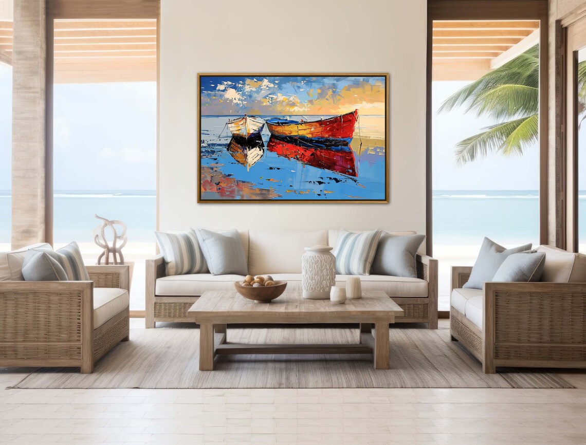 Sunset Fishing Boats Harbor Palette Knife Colorful Coastal Poster - Image 3