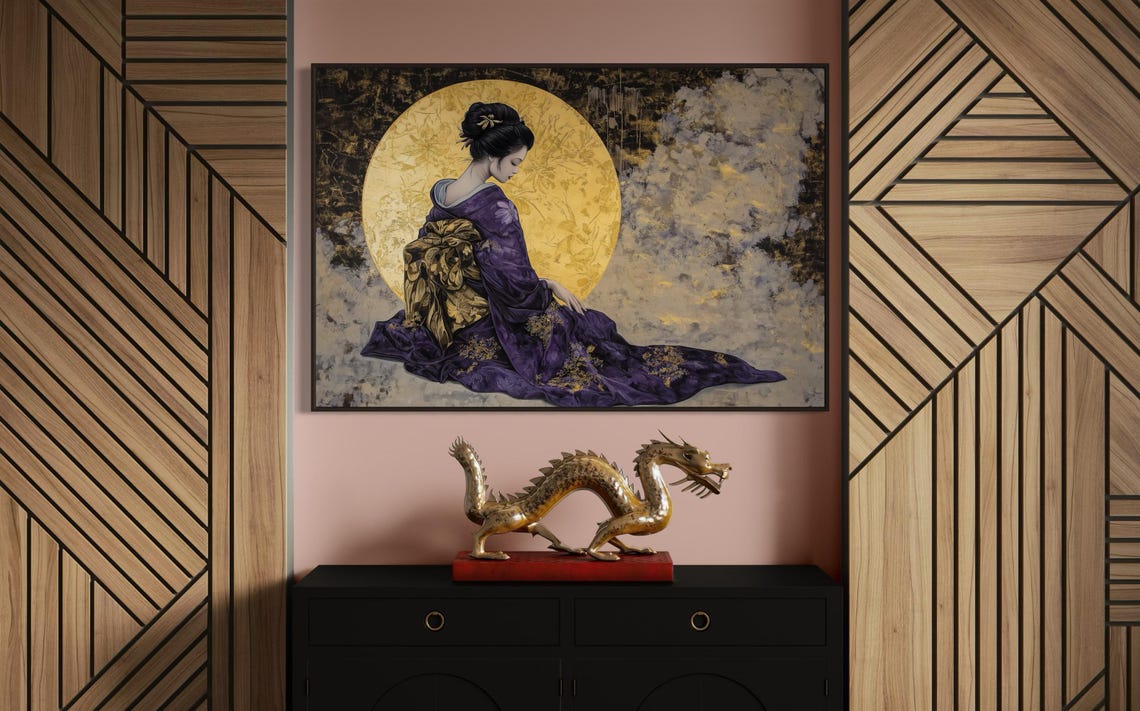Elegant Geisha Purple Kimono Gold Moon Japanese Asian Art Wall Print