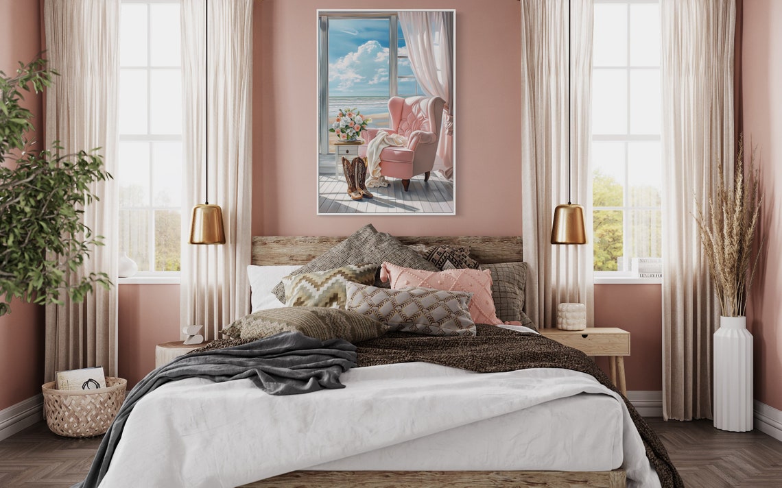 Coastal Cowgirl Reading Nook Pink Chair Ocean View Window Wall Art - Image 2