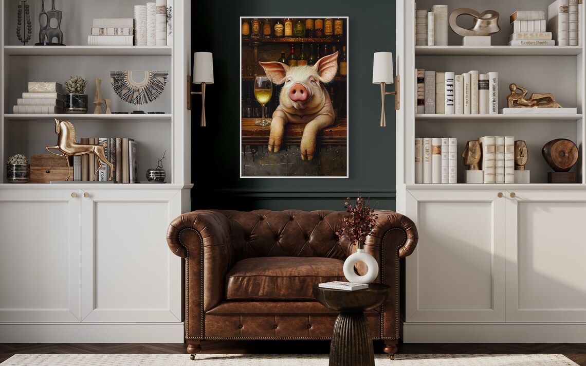 Whimsical Pig Art Print, Wine Bar Decor Piece - Image 2