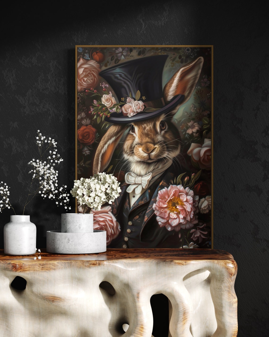 Victorian Rabbit in Top Hat Whimsical Gothic Bunny Portrait Poster