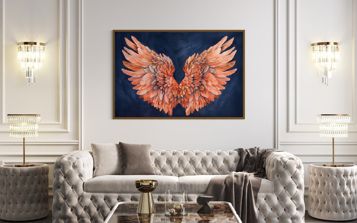 Dreamy Peach Angel Wings Navy Ethereal Abstract Wall Art Print - Image 4