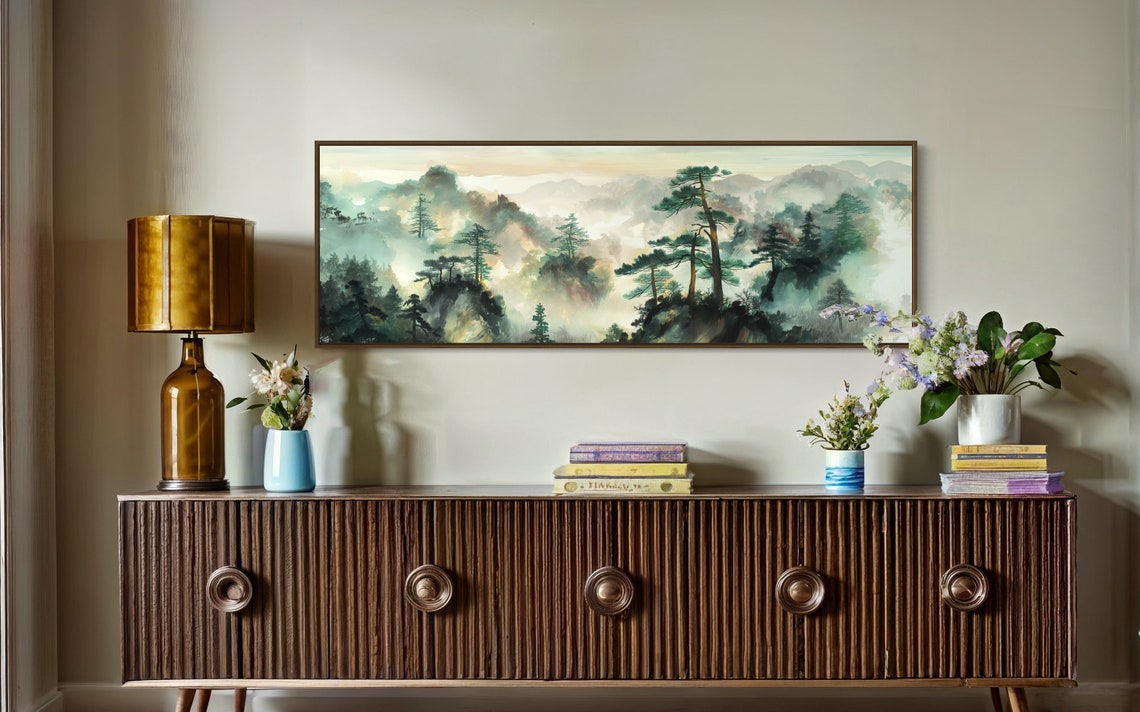 Misty Pine Mountain Forest Foggy Valleys Ink Wash Style Poster - Image 3