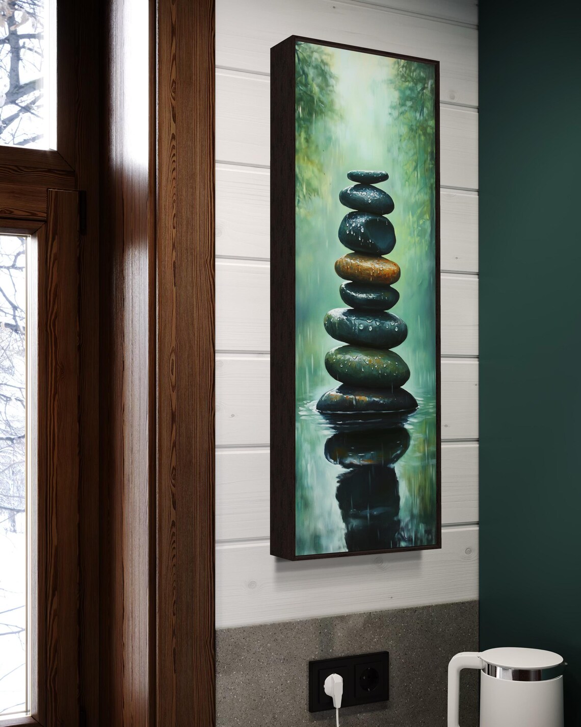 Zen Balancing Stones Cairn Misty Forest Water Reflection Meditation Art Poster - Image 3