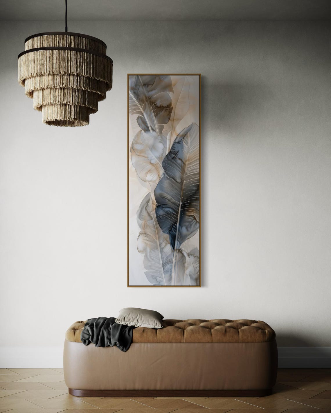Elegant Muted Banana Leaves Watercolor Tall Narrow Botanical Art Print - Image 3