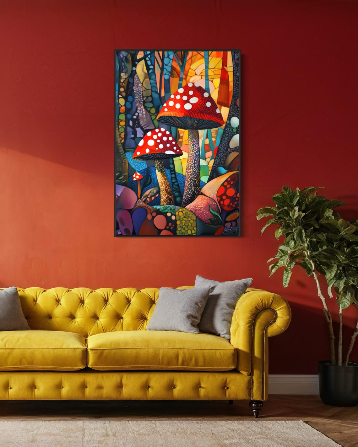 Red Mushroom Enchanted Forest Colorful Mosaic Magical Nature Wall Art - Image 4