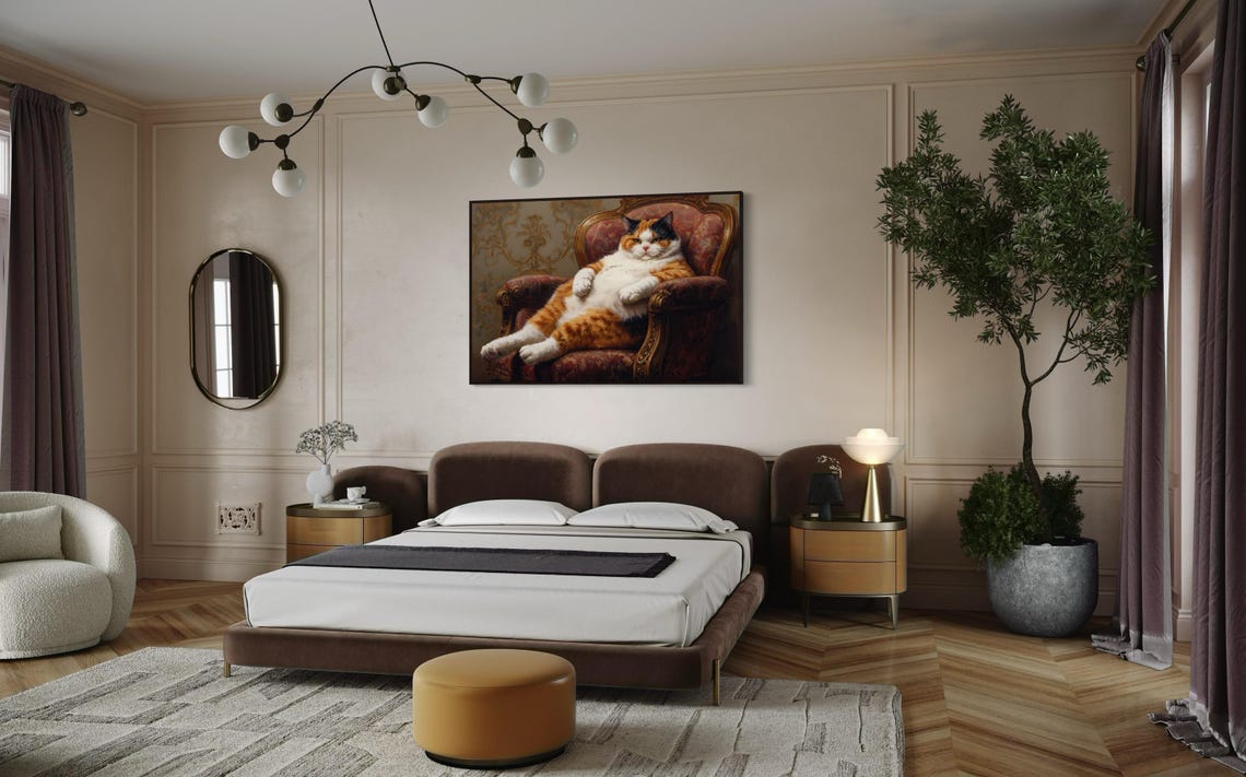 Chubby Calico Cat Lounging Ornate Victorian Chair Funny Pet Art Poster - Image 2