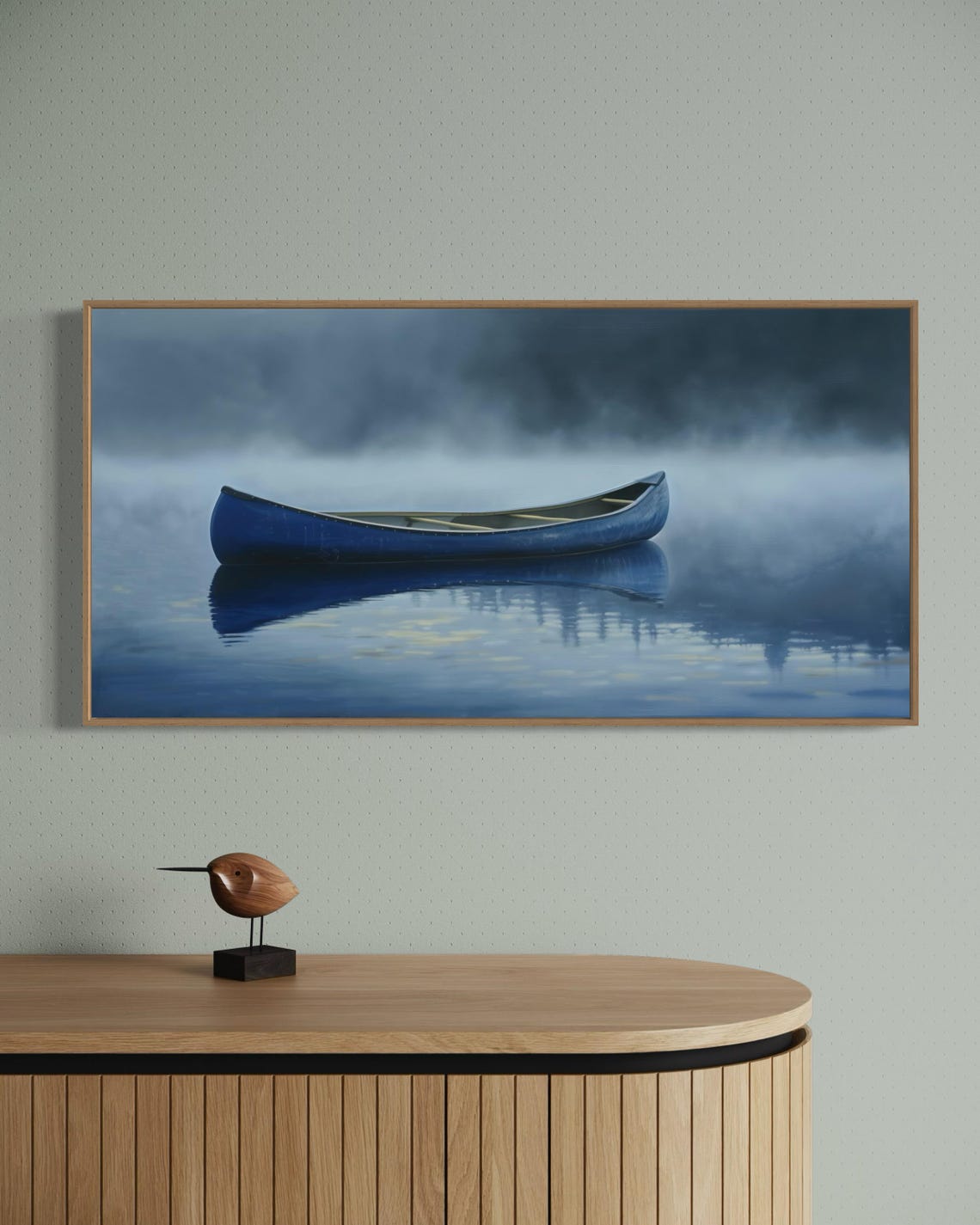 Blue Canoe on Misty Calm Lake Reflection Minimalist Art Poster - Image 3