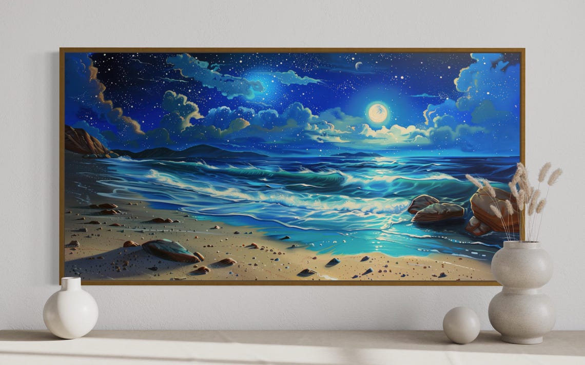 Luxury Moonlit Beach Starry Night Waves Sandy Shore Painting Poster - Image 5