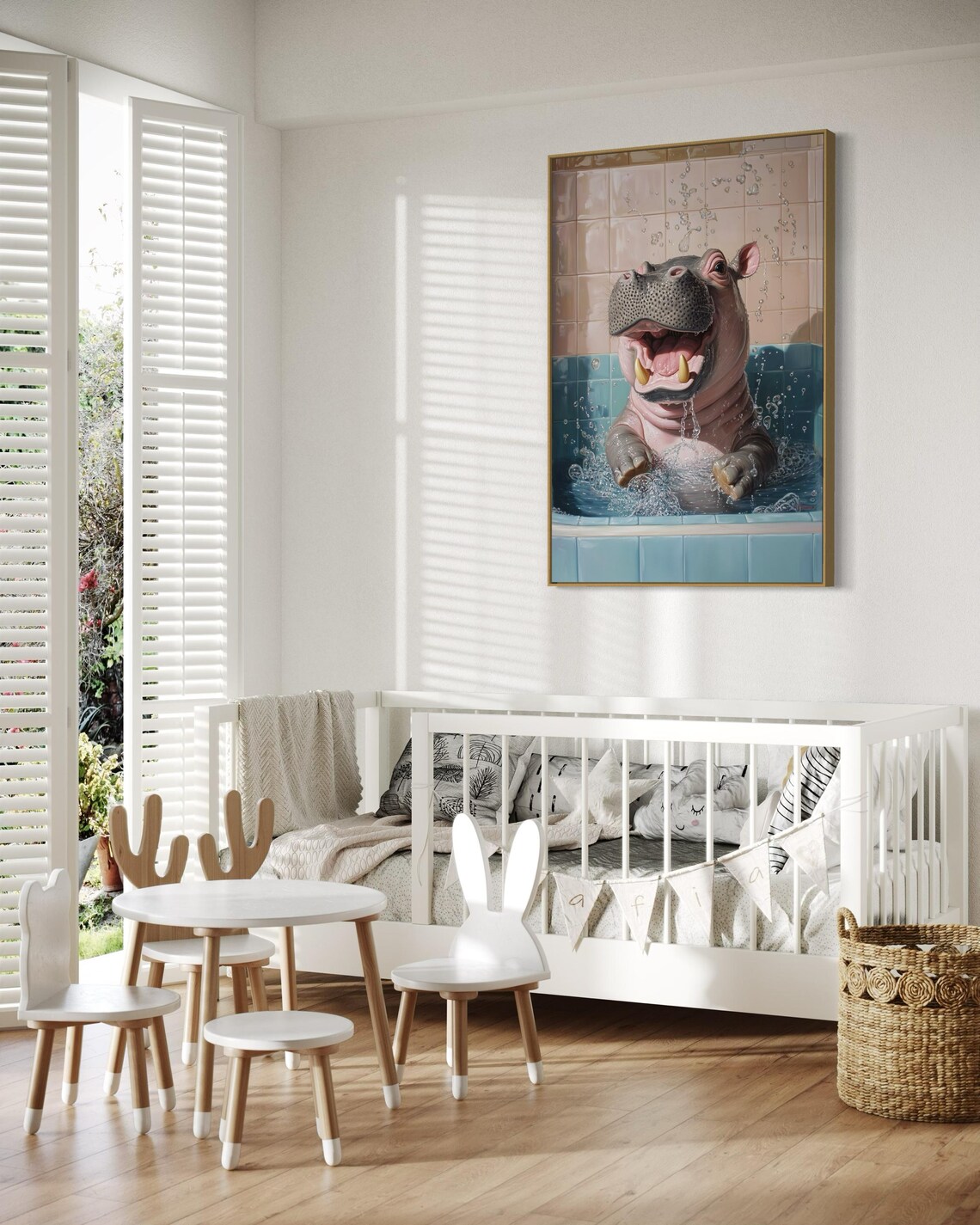 Happy Baby Hippo Splashing Bubble Bath Playful Nursery Bathroom Art Poster - Image 5