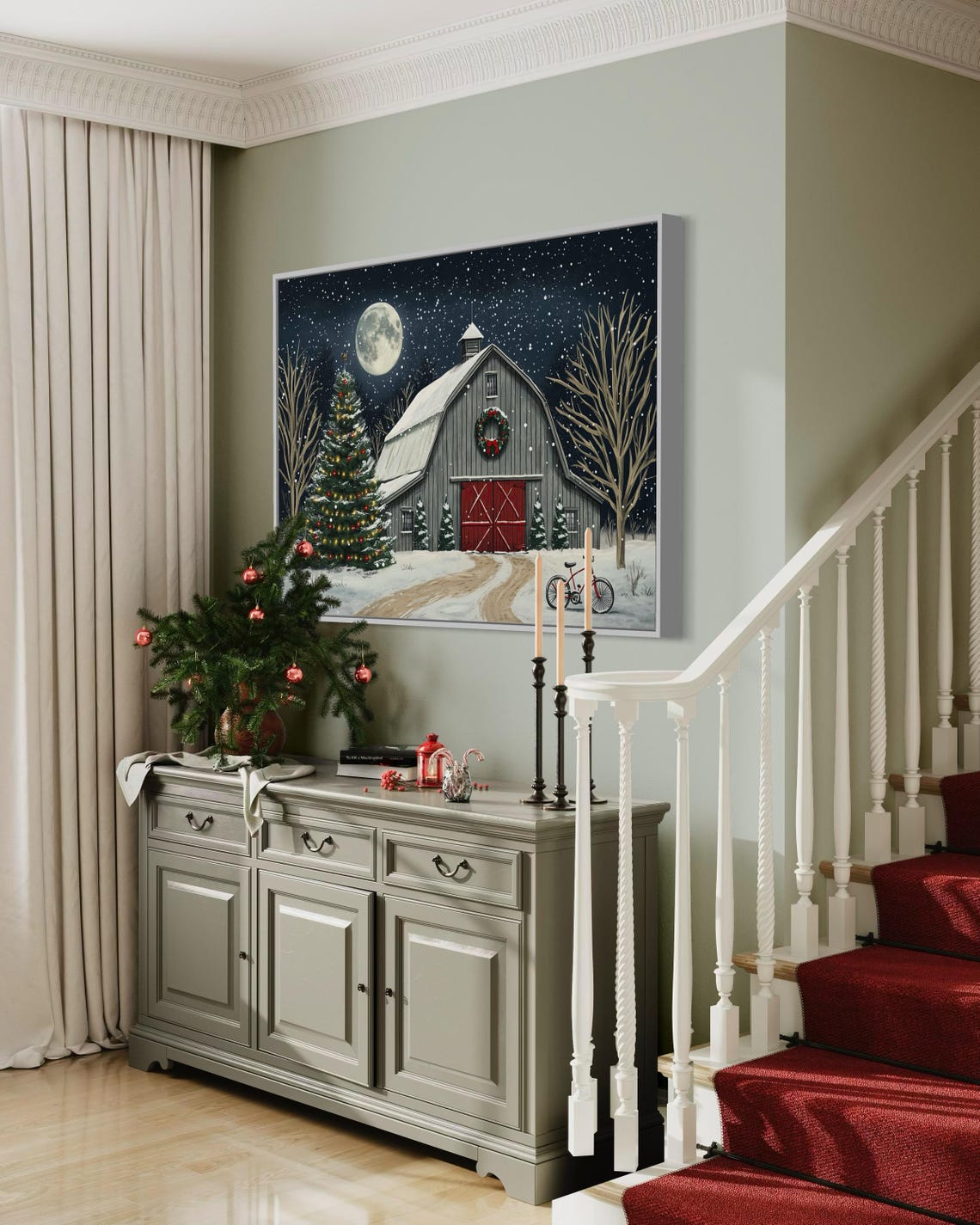 Snowy Christmas Barn Night With Glowing Tree And Festive Wreath Poster - Image 5