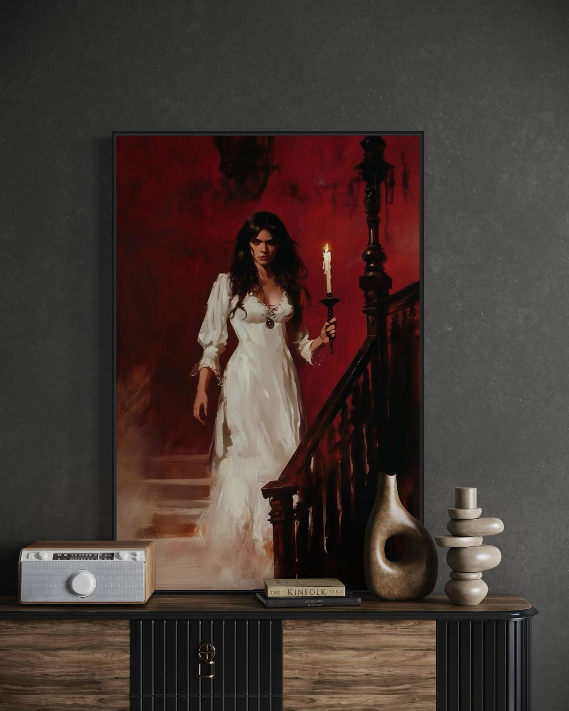 Mystical Gothic Wall Art Candlelit Woman Print With Dramatic Red Backdrop Perfect For Victorian Inspired Or Moody Romantic Room Decor - Image 3