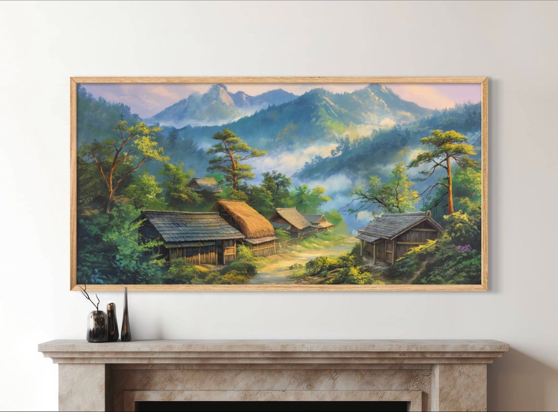 Misty Mountain Village Atmospheric Japanese Landscape Print Relaxing Greenery Wall Art For Home Decor - Image 3