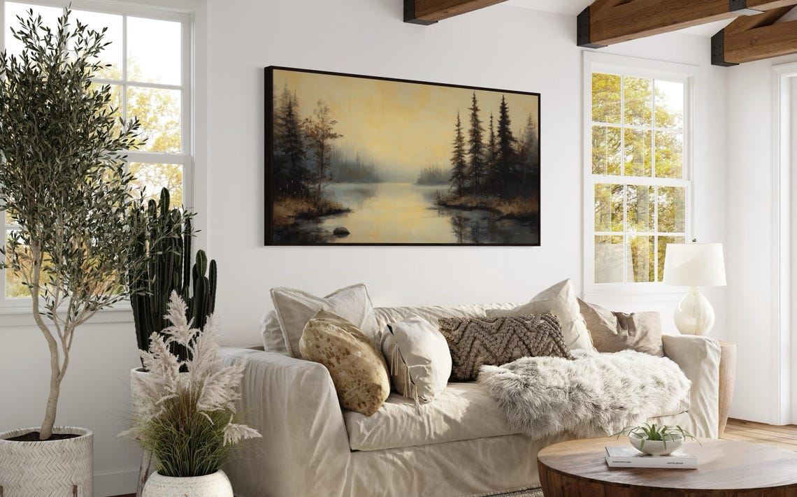 Misty Pine Forest Wall Art Moody Landscape Print With Calm Lake Reflection Perfect Atmospheric Art For Above Bed Or Panoramic Spaces - Image 3