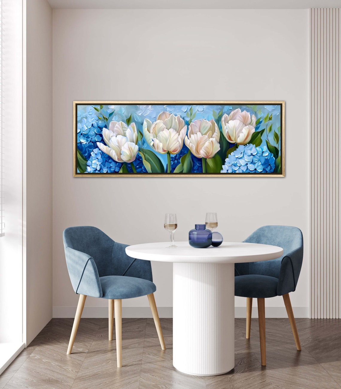 Elegant White Tulips Blue Hydrangeas Panoramic Floral Painting Poster - Image 2