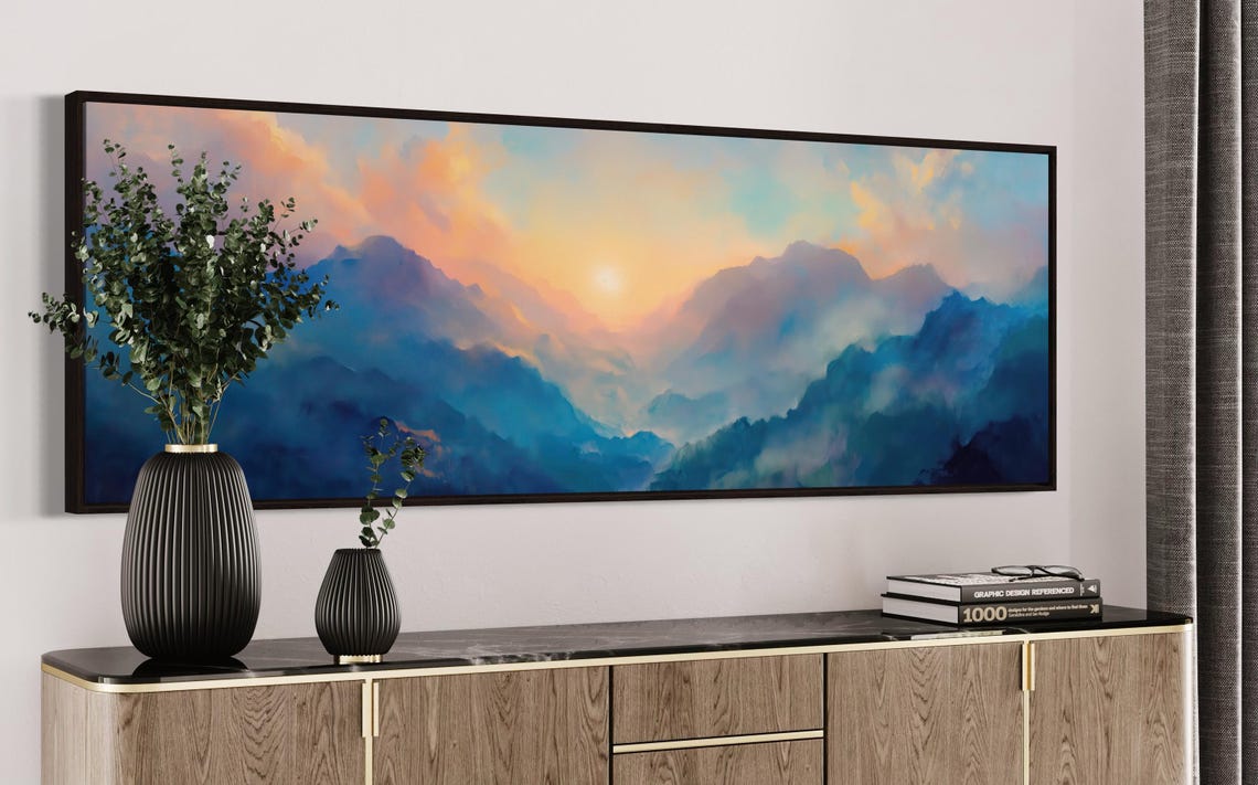 Colorful Sunrise Over Misty Mountains Panoramic Wall Art For Above Bed Or Couch Relaxing Long Narrow Wall Art - Image 4