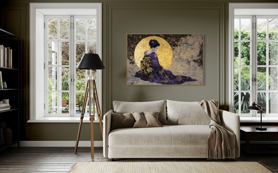 Elegant Geisha Purple Kimono Gold Moon Japanese Asian Art Wall Print - Image 3