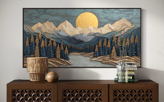 Rustic Mountain Landscape Wall Art Layered Style Print Golden Sun Nature Inspired Decor Cozy Cabin Wall Art For Living Room
