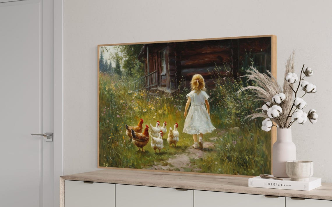 Rustic Farmhouse Wall Art Cottagecore Countryside Print With Little Girl Art Chickens And Wildflowers Perfect For Cozy Country Living - Image 4