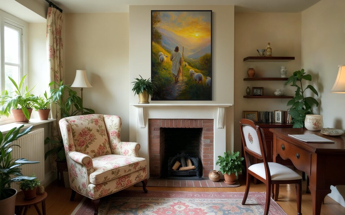 Good Shepherd Jesus Sheep Golden Sunset Mountain Path Faith Art Poster - Image 4