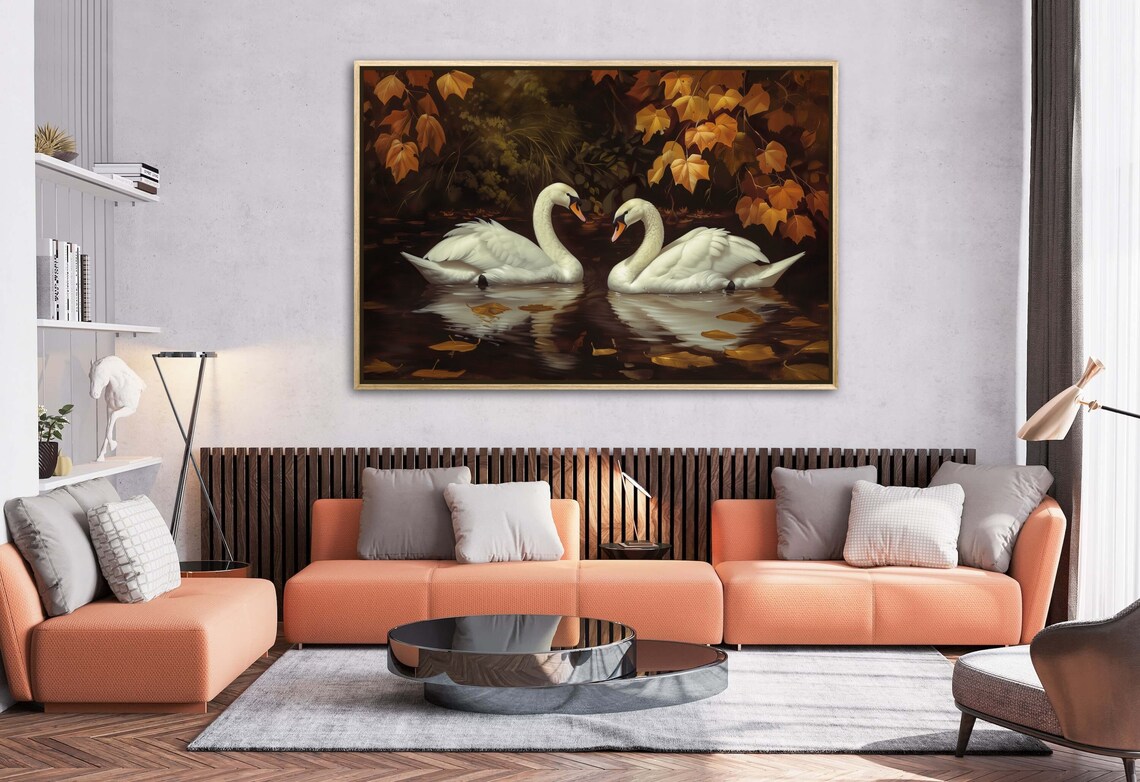 Romantic Swan Painting Print, Lake Maple Leaf Decor - Image 5