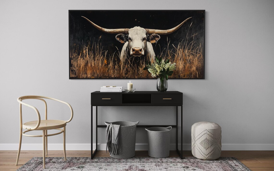Majestic White Longhorn Dark Background Golden Grass Western Wall Art - Image 5