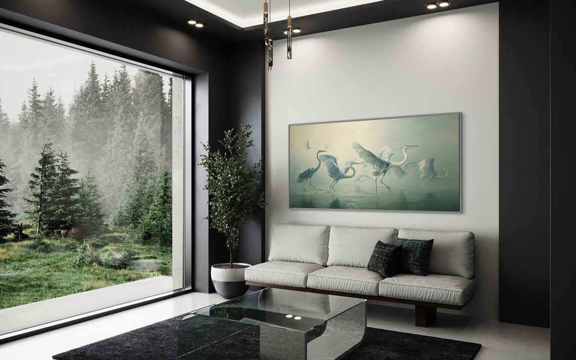 Blue Heron Ballet, Muted Lake Life Wall Art Print - Image 3