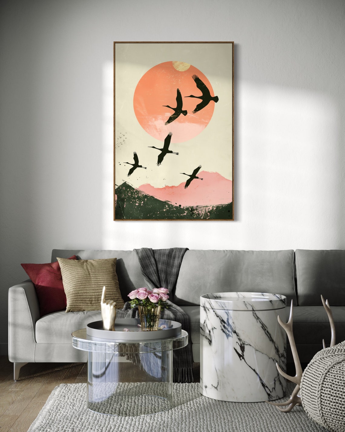 Japanese Cranes Flying Over Red Sun Minimalist Oriental Art Print - Image 2