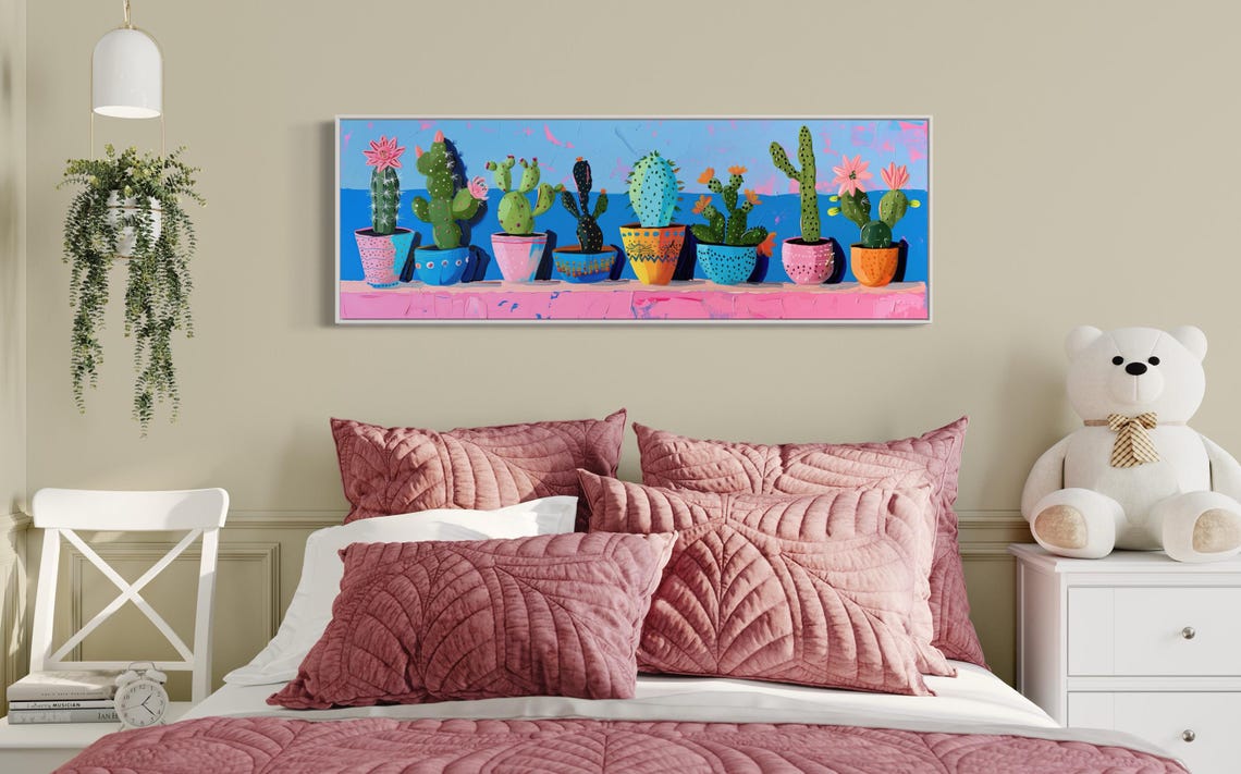Colorful Potted Cactus Plants Quirky Folk Botanical Succulent Wall Art - Image 2