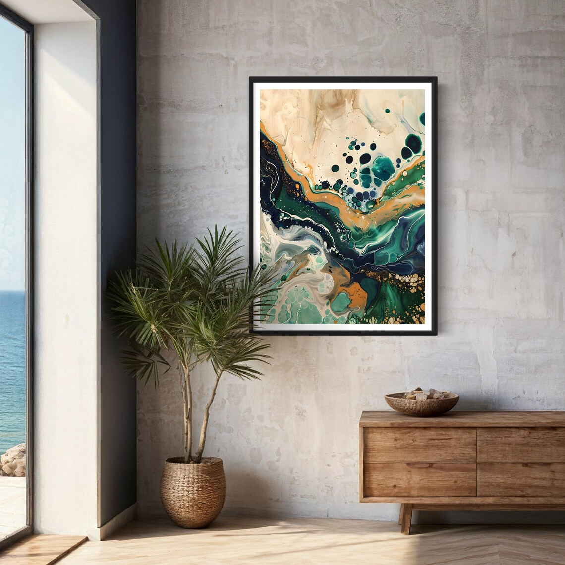 Green Cream Gold Fluid Abstract Marble Swirl Alcohol Ink Art Print - Image 2