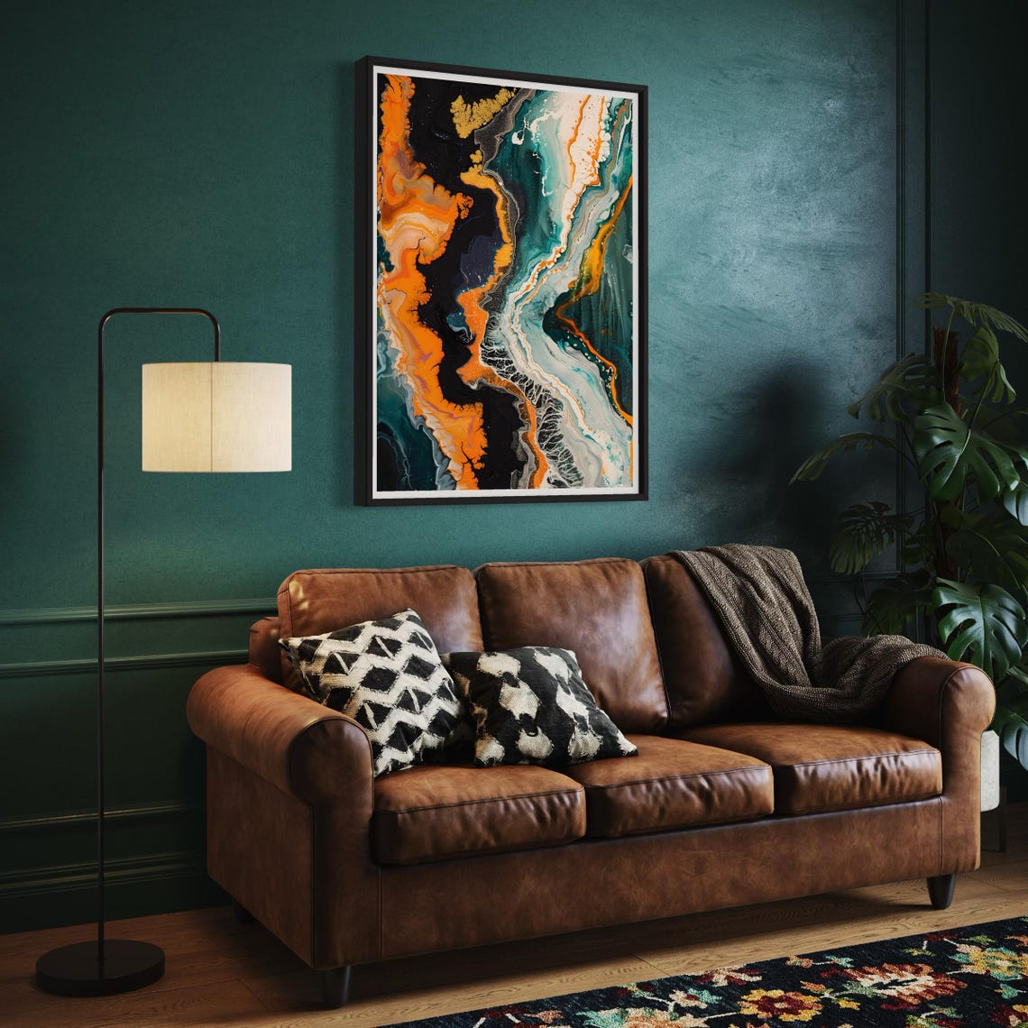 Orange Black Teal Marble Cells Acrylic Pour Fluid Abstract Art Print - Image 3