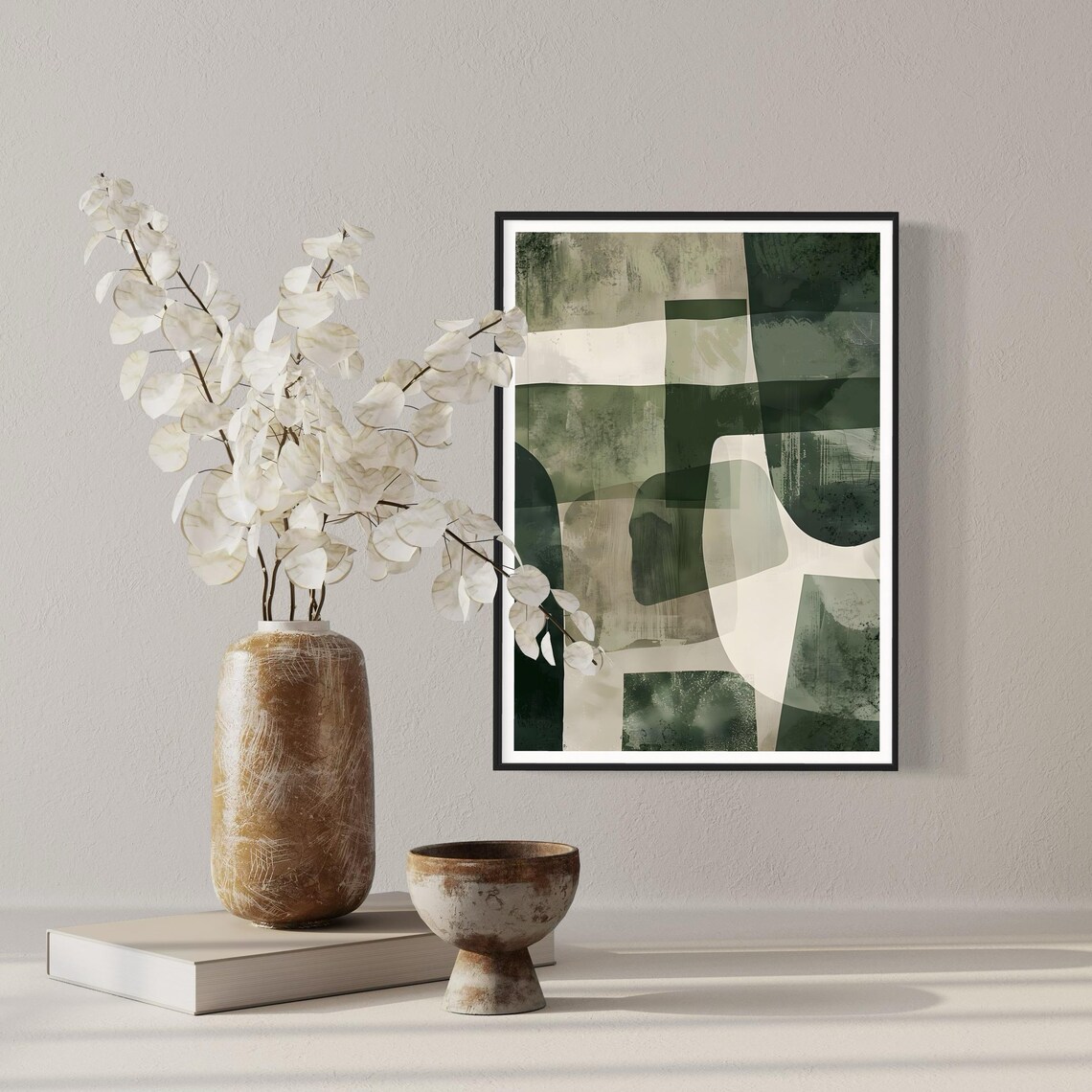Green Beige Abstract Print Contemporary Minimalist Shape Painting Modern Home Gift Geometric Pattern Artwork Sophisticated Art Neutral Tones - Image 3