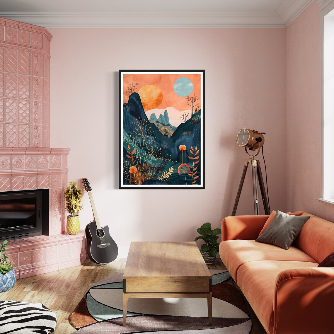 Boho Mountain Sun Moon Flowers Botanical Peach Sky Landscape Art Print - Image 3