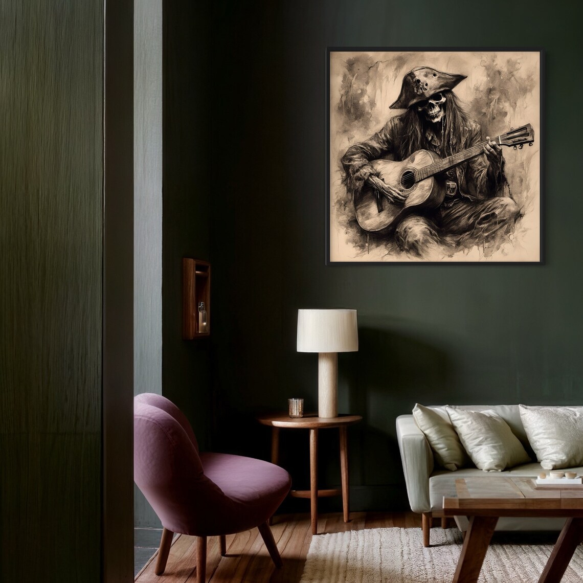 Pirate Skeleton Playing Guitar Sepia Charcoal Drawing Music Art Print - Image 2