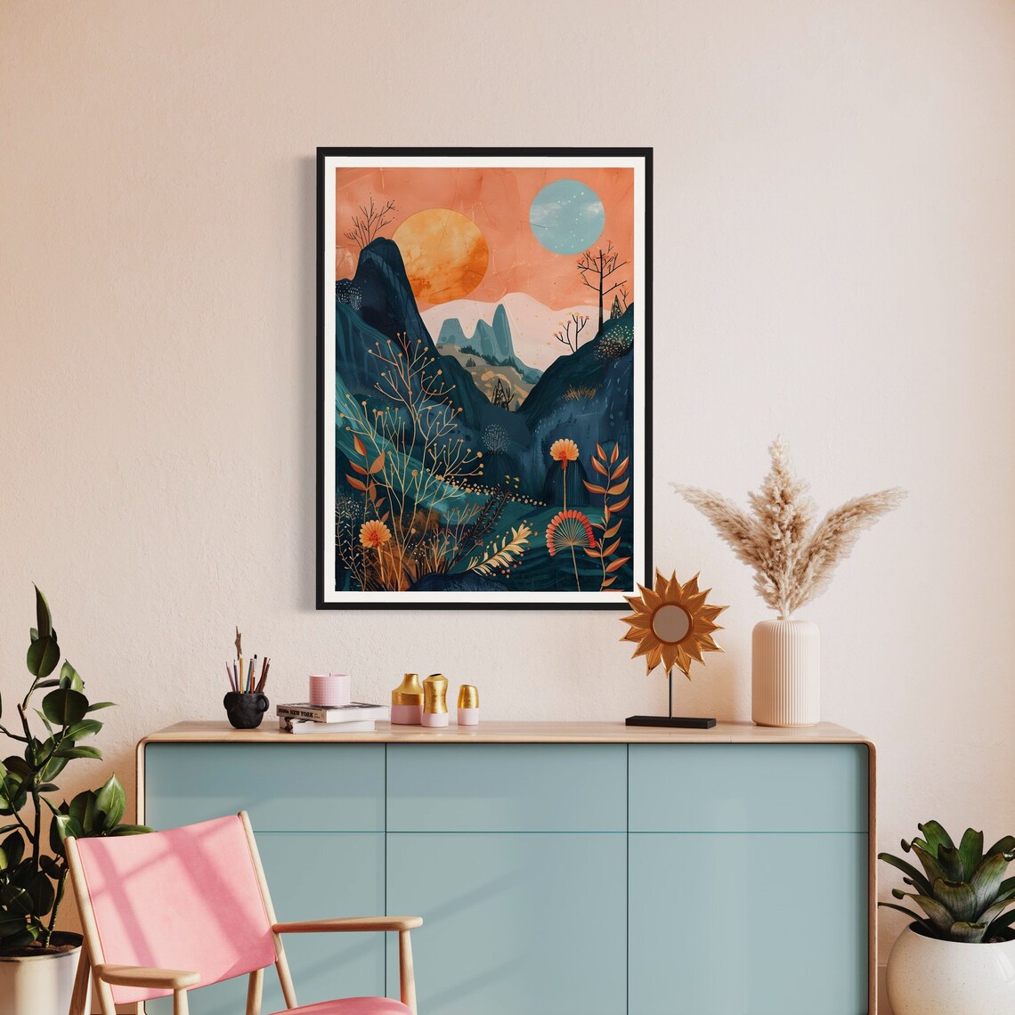 Boho Mountain Sun Moon Flowers Botanical Peach Sky Landscape Art Print - Image 4